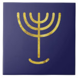 Menorah Gold-Look on Navy Ceramic Tile<br><div class="desc">Menorah with Paleo Hebrew lettering. Personalise by selecting 'Click to customise further" to make this your own design. Or 'Transfer this design' to print a the same design onto different product. And thou shalt make a candlestick of pure gold: of beaten work shall the candlestick be made: his shaft, and...</div>