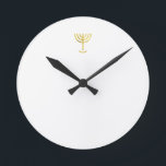 Menorah Gold Round Clock<br><div class="desc">Menorah gold-look. Personalize by adding your own name. To make this your own design 'Click to Customize Further" … or 'Transfer this design' to print the same design onto a different product. Where does the Menorah come from? It comes from the Bible, in the book of Exodus, chapter 25 verse...</div>