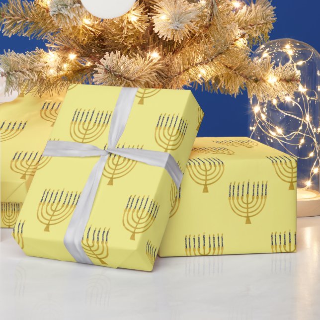 Menorah Hanukkah Blue Candles Drawing Holiday  Wrapping Paper (Holidays)