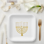 Menorah Hanukkah Celestial Candles Drawing Wedding Paper Plate<br><div class="desc">Faux gold foil menorah candles for your Hanukkah celebration. Whimsical menorah illustration with white stars covered celestial candles on a faux gold menorah candle stand. Menorah elegant starry wedding Hanukkah illustrated design gifts and paper products.</div>
