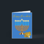 Menorah Hanukkah Holiday Card<br><div class="desc">Elegant Hanukkah greeting card done in blue,  with graphics of a lit up gold Menorah with blue candles and a pile of gelt coins. Personalise the greeting inside to read what you want.</div>