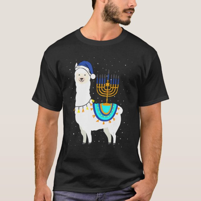 Menorah Hanukkah Llama Cute Alpaca Chanukah Christ T-Shirt (Front)