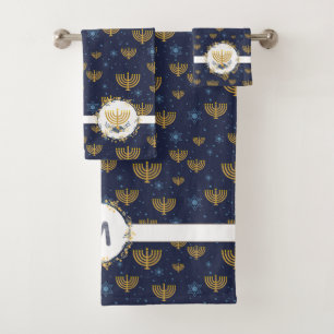 Menorah Hanukkah Pattern   Watercolor Monogram Bath Towel Set