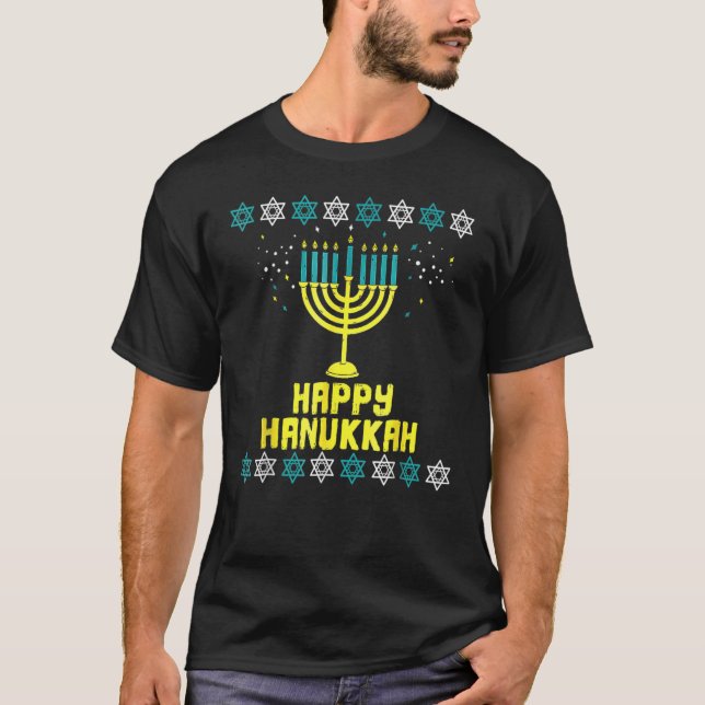 Menorah Lights Happy Hanukkah Jewish Cute Chanukah T-Shirt (Front)