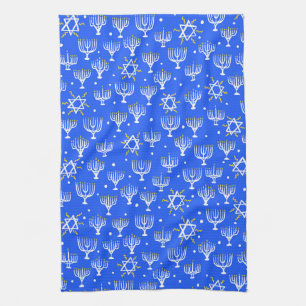 Menorah Star of David Hanukkah Pattern Blue White Tea Towel