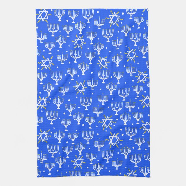 Menorah Star of David Hanukkah Pattern Blue White Tea Towel (Vertical)