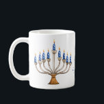 Menorah with Burning Candles Happy Hanukkah Coffee Mug<br><div class="desc">Watercolor menorah with blue burning candles. Happy Hanukkah greeting can be changed. AI assisted graphic purchased with commercial use. Artwork: CosmicMeta</div>