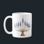 Menorah with Burning Candles Happy Hanukkah Coffee Mug<br><div class="desc">Watercolor menorah with blue burning candles. Happy Hanukkah greeting can be changed. AI assisted graphic purchased with commercial use. Artwork: CosmicMeta</div>
