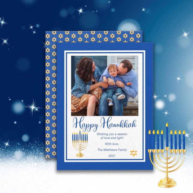 Menorah with Lights Happy Hanukkah Family Photo Holiday Card (Creator Uploaded)