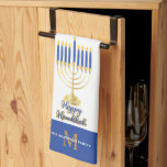 Menorah with Lights Happy Hanukkah Monogram Kitche Tea Towel<br><div class="desc">Great for celebrating Hanukkah season,  this design features our original menorah vector graphic with script text calligraphy,  "Happy Hanukkah" greeting.  Composite design by Holiday Hearts Designs (rights reserved).</div>