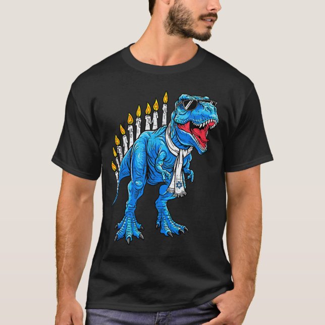 Menorasaurus Hanukkah T Rex Dinosaur Dino Chanukah T-Shirt (Front)