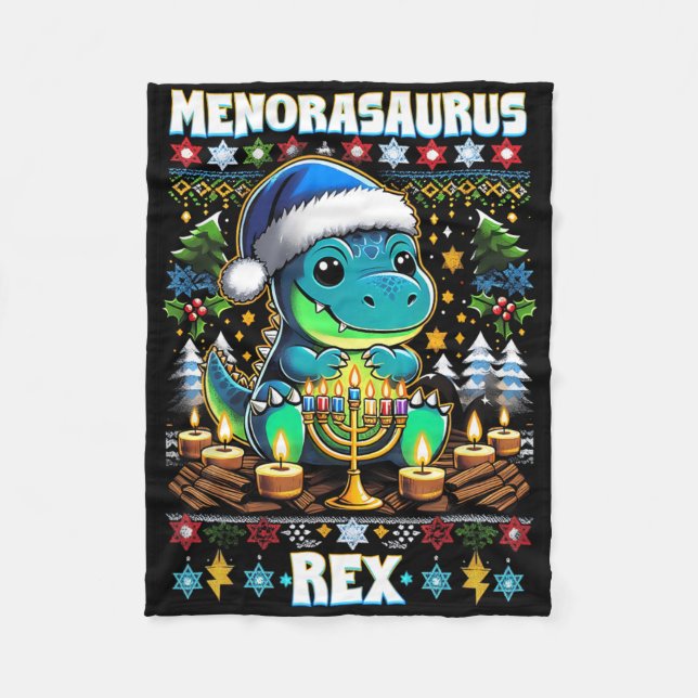 Menorasaurus Rex Dino Trex Ugly Christmas Sweater  Fleece Blanket (Front)