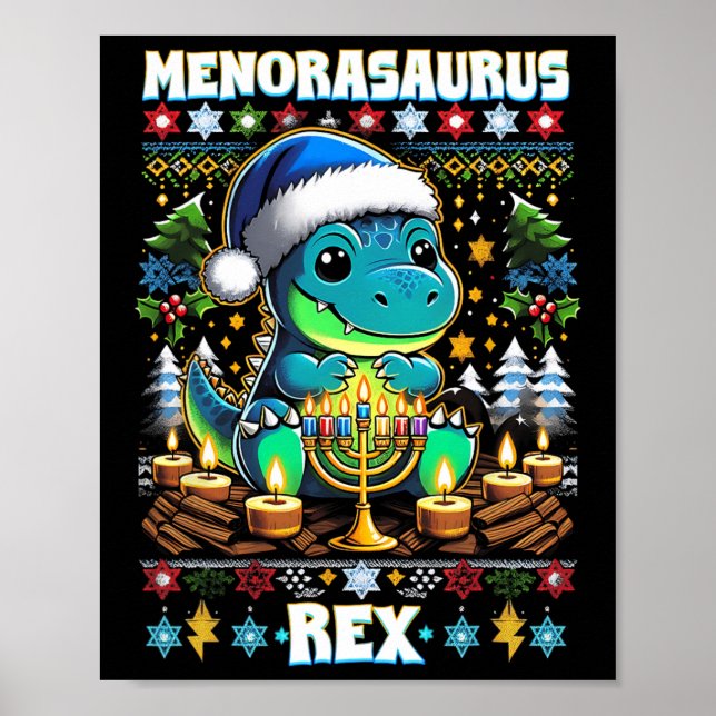 Menorasaurus Rex Dino Trex Ugly Christmas Sweater  Poster (Front)