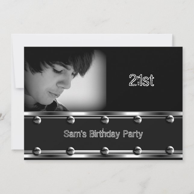 Mens 21st Birthday Party Black Metal Look Image Invitation (Front)