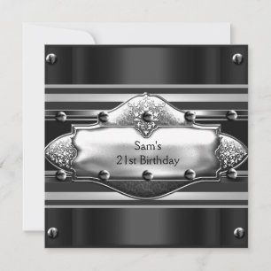 Mens 21st Birthday Party Black Metal Silver Mans Invitation