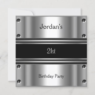Mens 21st Birthday Party Metal Black Silver Invitation