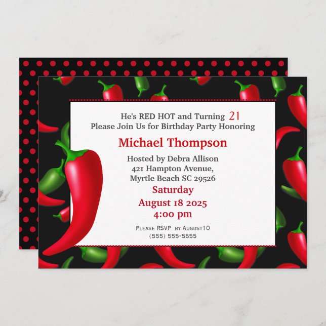 Men's 21st  Red Hot Pepper Birthday Invitations (Front/Back)