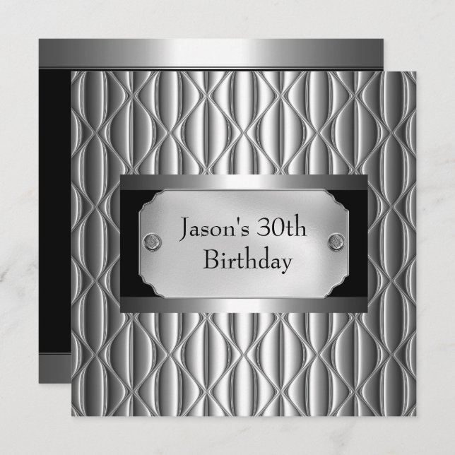Mens 30th Metal Chrome Black White Style Silver Invitation (Front/Back)