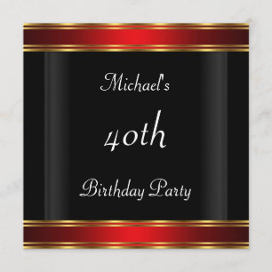 Men's 40th birthday Party  Black Red Art Deco Invitation