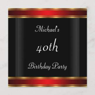 Men's 40th birthday Party  Black Red Art Deco Invitation