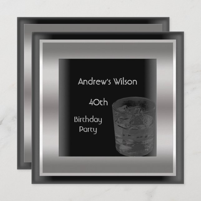 Mens 40th Birthday Party Elegant Black Silver Man Invitation (Front/Back)