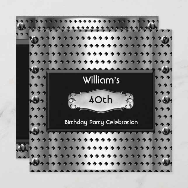 Mens 40th Birthday Party Silver Metal Studs Black Invitation (Front/Back)