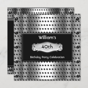 Mens 40th Birthday Party Silver Metal Studs Black Invitation