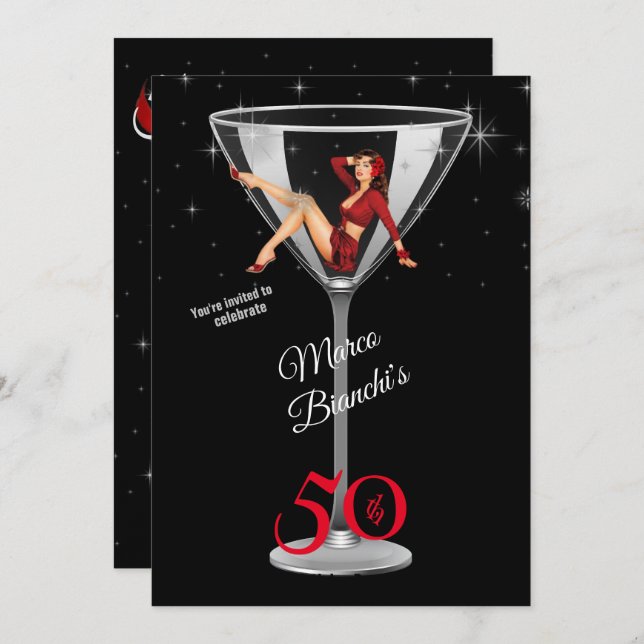 Men's 50th Birthday Party Girl in Martini Glass  Invitation (Front/Back)