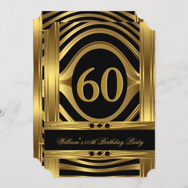 Men's 60th Birthday Metal Gold Look Black Jewel Invitation (Front/Back)