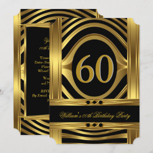 Men's 60th Birthday Metal Gold Look Black Jewel Invitation