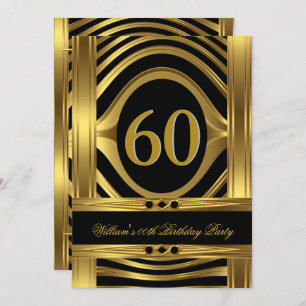 Men's 60th Birthday Metal Gold Look Black Jewel Invitation