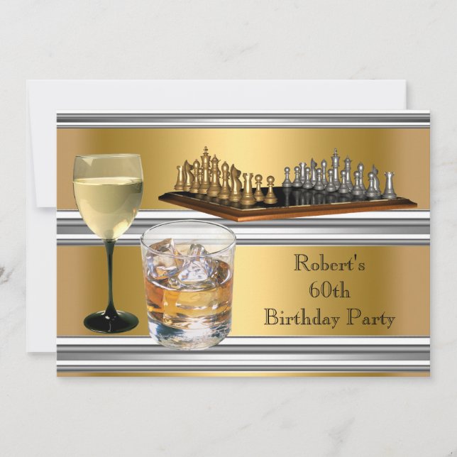 Mens 60th Birthday Party Chess Set Drinks Gold Invitation (Front)