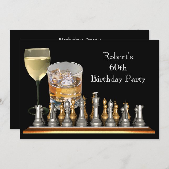 Mens 60th Birthday Party Chess Set Drinks Invitation (Front/Back)