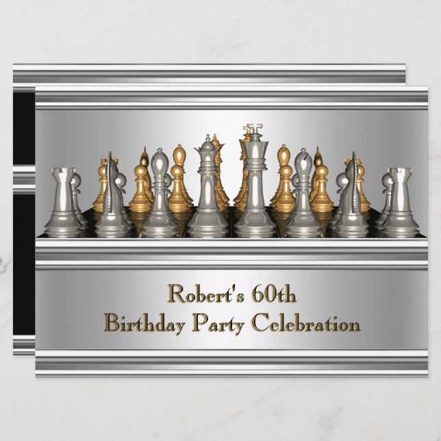 Mens 60th Birthday Party Chess Set Metal Invitation (Front/Back)