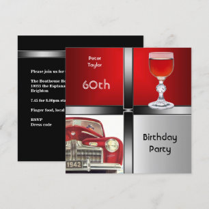 Mens 60th Birthday Party Red Metal Silver Red Car Invitation