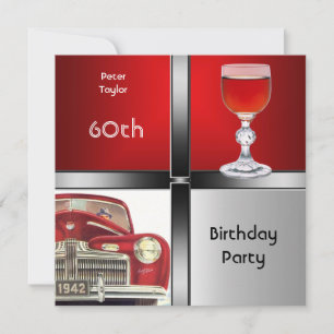 Mens 60th Birthday Party Red Metal Silver Red Car Invitation