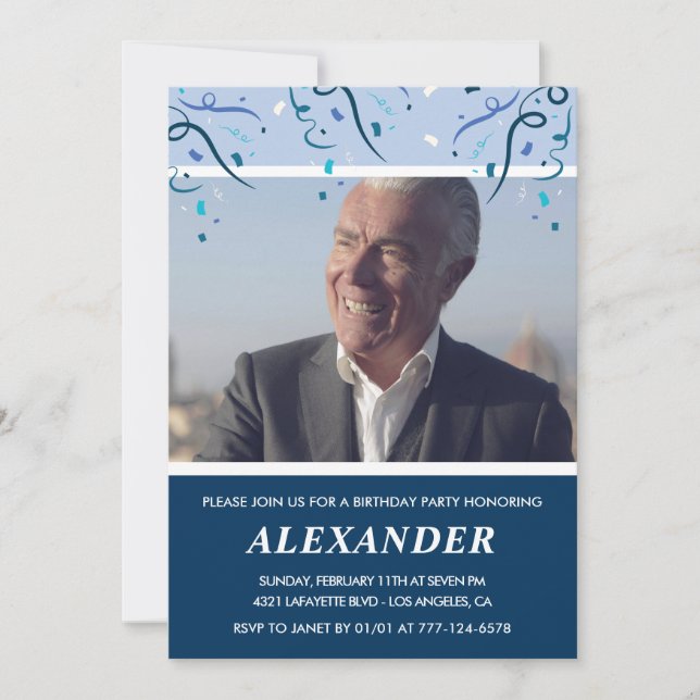 Mens 75th birthday invitations Photo Navy Blue (Front)