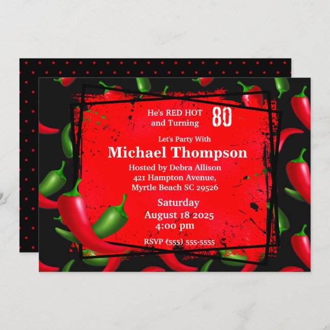 Men's 80th  Red Hot Pepper Birthday Invitations (Front/Back)
