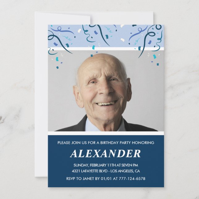 Mens 90th birthday invitations Photo Navy Blue (Front)