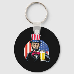Mens Abe Lincoln Drinking Beer Funny 4th Of July Key Ring