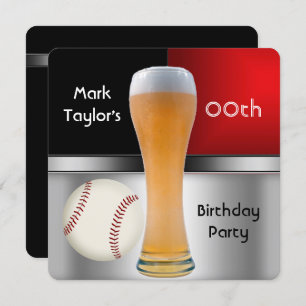 Mens Add Age Birthday Party Red Beer Baseball Ball Invitation