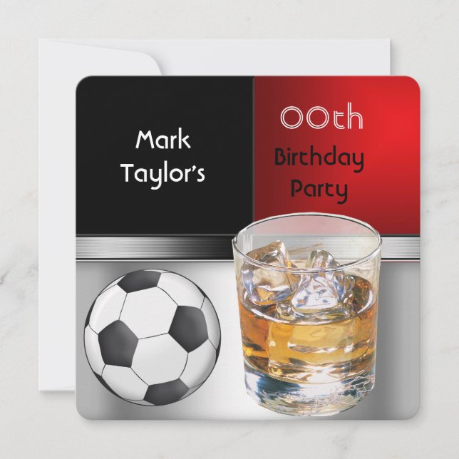 Mens Add Age Birthday Party Red Drink Soccer Invitation (Front)