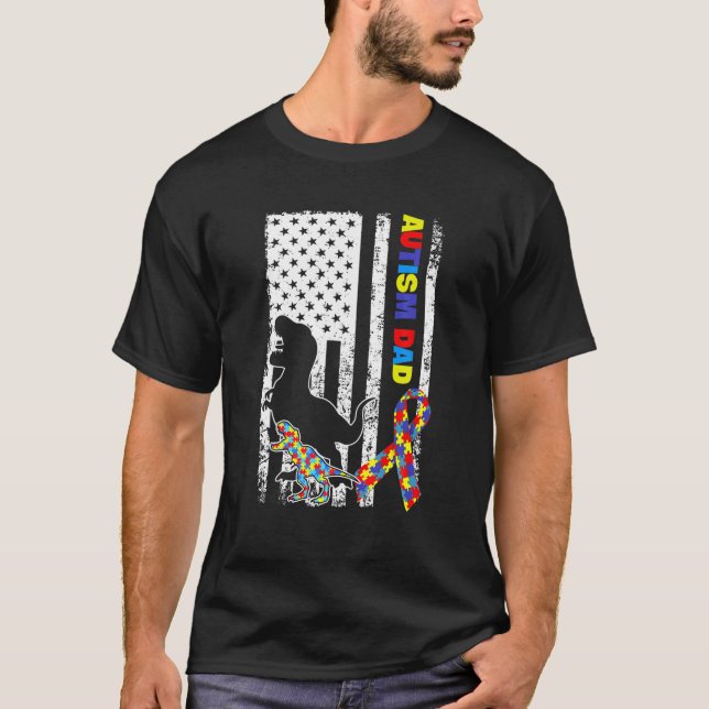Mens American Flag And Dinosaur T-rex Autism Aware T-Shirt (Front)