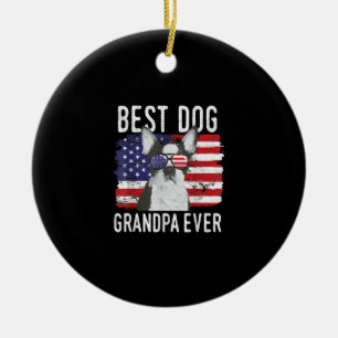 Mens American Flag Best Dog Grandpa Ever Boston Ceramic Ornament