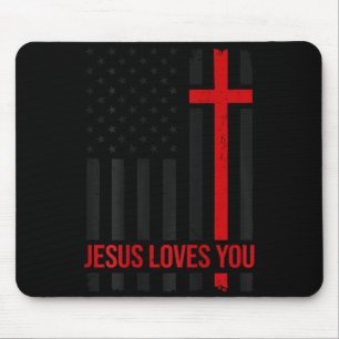 Mens American Flag Jesus Loves You Christian Faith Mouse Pad