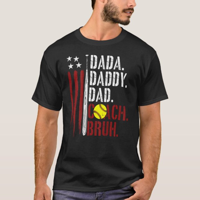 Mens American Flag Softball Coach Dad Daddy Father T-Shirt (Front)