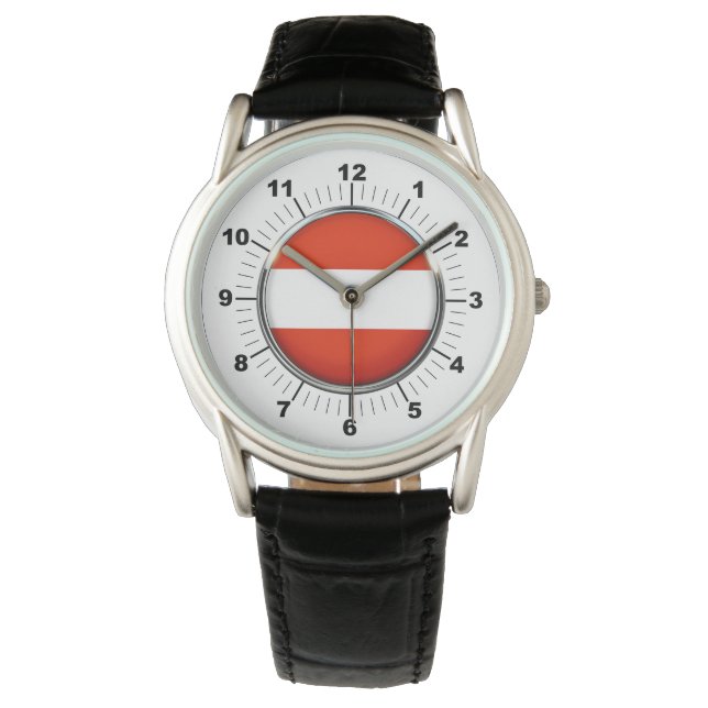 Men's Austria Flag Black Leather Strap Watch (Front)