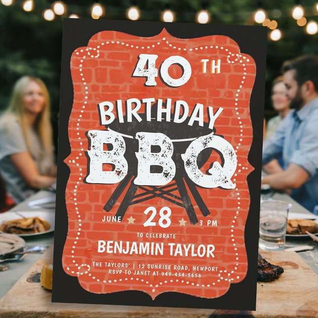Men's Backyard Birthday BBQ Party Rustic Black Invitation (mens birthday party invitations backyard bbq barbeque rustic vintage country milestone personalized )
