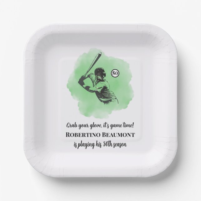 Men's Baseball Hitting 50th Birthday Paper Plate (Front)