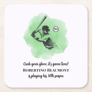 Men's Baseball Hitting 50th Birthday Square Paper Coaster